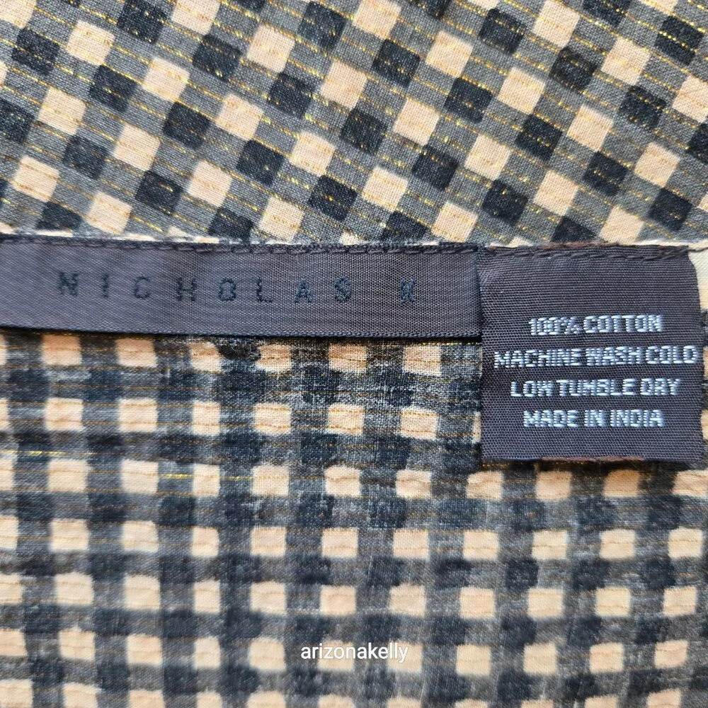 Nicholas K HUGE Distressed Cotton Scarf Black & Tan With Gold Thread